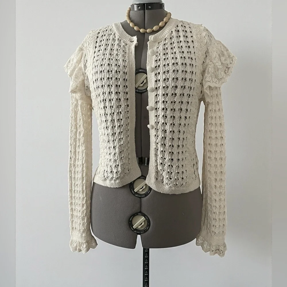 Zara Cream Ivory Lace Knit Cardigan Large Coquette Cottagecore Cropped Top